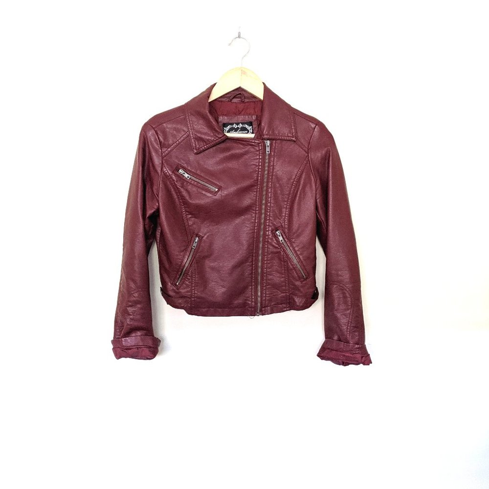 Red crop leather jacket